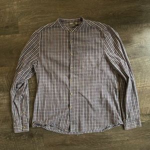 ASOS Checkered Collarless Button Down Shirt Large White Grey Red